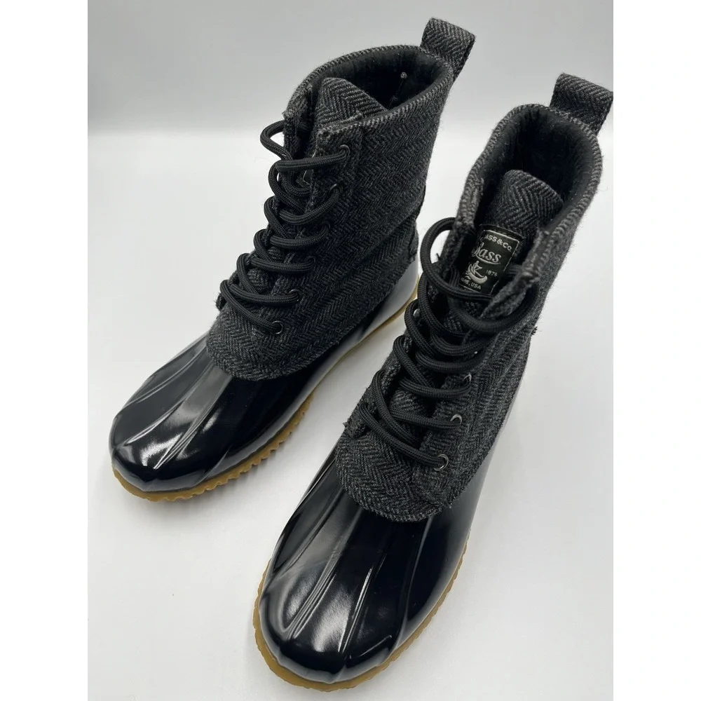 G.H. Bass Duck Boots Womens 8 Black Grey‎ Herringbone Waterproof Lace Up